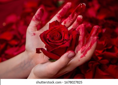 Concept art, bloodied female hands holding a red rose flower on a background of pink petals.