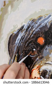 Concept Of Art, Creativity And Inspiration - Man's Hand With Brush Paints Picture. Man Paints Portrait Of Rottweiler On Canvas. Close-up, Selective Focus.