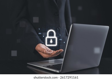 concept art of a modern executive managing personal data privacy and digital security through an advanced touch interface surrounded by icons of encryption and identity protection
