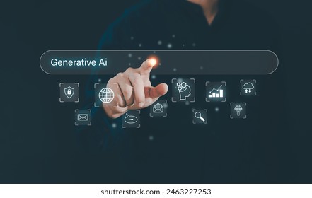 Concept of artificial intelligence (AI) and futuristic digital technology. Man using application to generative AI contents, story, images. Chat with smart robot AI and command prompt input on website