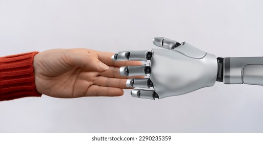 Concept of Artificial intelligence, AI robot, human, idea, development, think, futuristic technology transformation, science, robotic hand, connection with human hand and robot technology development - Shutterstock ID 2290235359