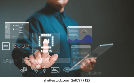 Concept of artificial intelligence, chatbot technology,digital transformation in the modern tech-driven business world. man interacts with virtual AI agent interface for data analysis and automation.
