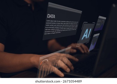 Concept of artificial intelligence data analysis with human typing on laptop and virtual AI interface symbolizing big data machine learning digital transformation innovation and business technology.