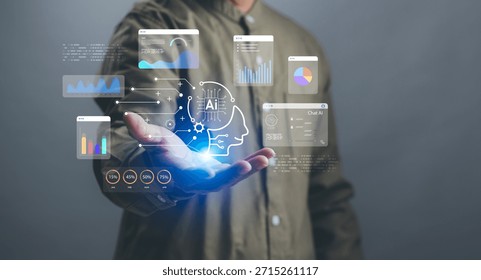 concept of artificial intelligence and data analysis, businessman demonstrates virtual interface of graph and holographic AI brain on hand, conveying future technology and intelligent work assistant.