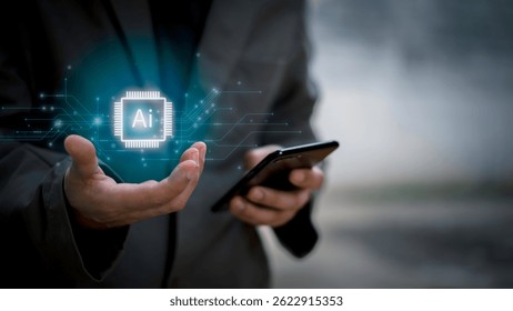 Concept for artificial intelligence, data processing, automation, innovation, and digital transformation.Businessman working with AI chip interface and big data flow structure. 