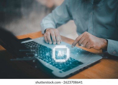 Concept for artificial intelligence, data processing, automation, innovation, and digital transformation.Businessman working with AI chip interface and big data flow structure. 