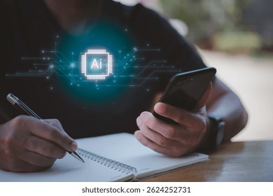 Concept for artificial intelligence, data processing, automation, innovation, and digital transformation.Businessman working with AI chip interface and big data flow structure. 
