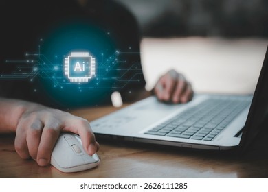 Concept for artificial intelligence, data processing, automation, innovation, and digital transformation.Businessman working with AI chip interface and big data flow structure. 