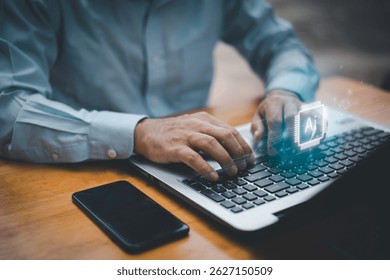 Concept for artificial intelligence, data processing, automation, innovation, and digital transformation.Businessman working with AI chip interface and big data flow structure. 