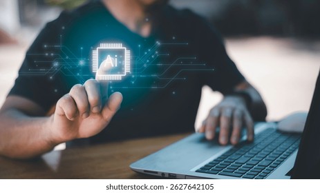 Concept for artificial intelligence, data processing, automation, innovation, and digital transformation.Businessman working with AI chip interface and big data flow structure. 