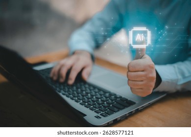 Concept for artificial intelligence, data processing, automation, innovation, and digital transformation.Businessman working with AI chip interface and big data flow structure. 