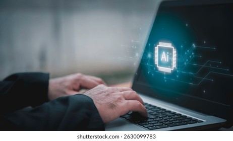 Concept for artificial intelligence, data processing, automation, innovation, and digital transformation.Businessman working with AI chip interface and big data flow structure. 