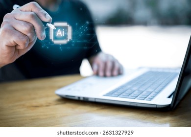 Concept for artificial intelligence, data processing, automation, innovation, and digital transformation.Businessman working with AI chip interface and big data flow structure. 