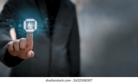 Concept for artificial intelligence, data processing, automation, innovation, and digital transformation.Businessman working with AI chip interface and big data flow structure. 