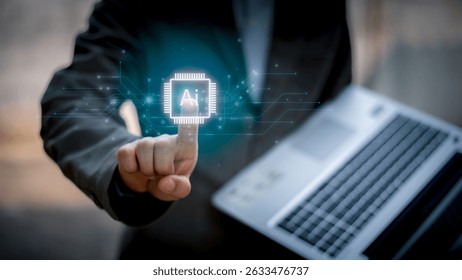 Concept for artificial intelligence, data processing, automation, innovation, and digital transformation.Businessman working with AI chip interface and big data flow structure. 