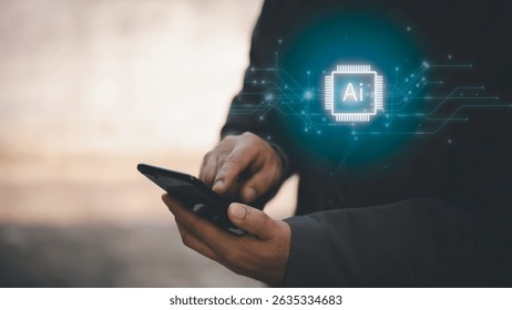 Concept for artificial intelligence, data processing, automation, innovation, and digital transformation.Businessman working with AI chip interface and big data flow structure. 