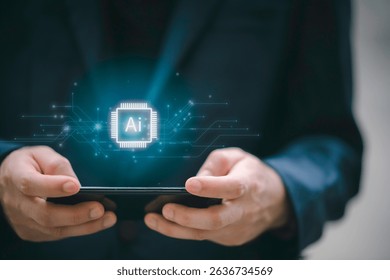 Concept for artificial intelligence, data processing, automation, innovation, and digital transformation.Businessman working with AI chip interface and big data flow structure. 