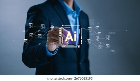 Concept of artificial intelligence integration, digital automation, smart data structure and advanced technology innovation.Businessman interacting with virtual AI chip and data system interface.