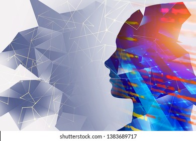Concept of artificial intelligence and machine learning. Silhouette of woman head with double exposure of blurred lines of code and network hologram. Toned image
