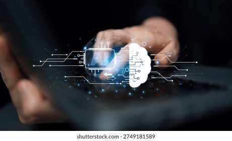 Concept of artificial intelligence and machine learning. A central processor transfers information to a cloud brain, representing a global neural network and deep learning. Parse