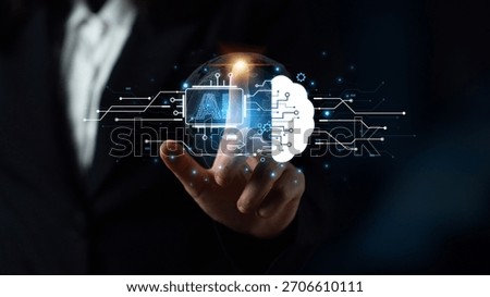 Concept of artificial intelligence and machine learning. A central processor transfers information to a cloud brain, representing a global neural network and deep learning. Parse