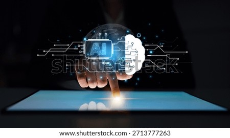 Concept of artificial intelligence and machine learning. A central processor transfers information to a cloud brain, representing a global neural network and deep learning. Parse