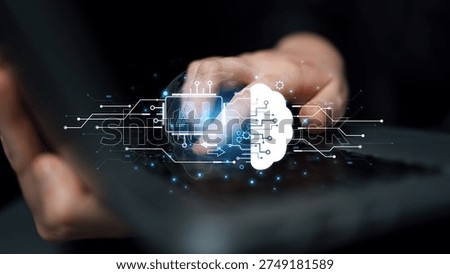 Concept of artificial intelligence and machine learning. A central processor transfers information to a cloud brain, representing a global neural network and deep learning. Parse