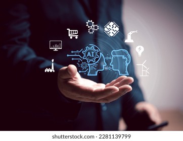 Concept of Artificial Intelligence. Man use AI technology to interact and assist with various processing needs of users, industry, finance, banking, education, agriculture, music.