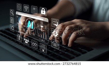 Concept of Artificial Intelligence and Technology Integration for Business with Human Interaction on Laptop Displaying Data Visualizations and Icons Quark.