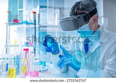 Concept of artificial intelligence, virtual reality, advanced medical research and future scientific technology. Scientist wearing VR headset working with holographic data interface in a laboratory.