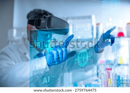Concept of artificial intelligence, virtual reality, advanced medical research and future scientific technology. Scientist wearing a white lab coat, medical mask and VR headset working with holographic data interface in a laboratory.
