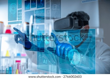 Concept of artificial intelligence, virtual reality, advanced medical research and future scientific technology. Scientist wearing a white lab coat, medical mask and VR headset working with holographic data interface in a laboratory.