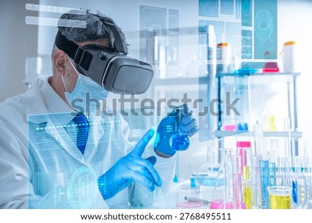 Concept of artificial intelligence, virtual reality, advanced medical research and future scientific technology. Scientist wearing a white lab coat, medical mask and VR headset working with holographic data interface in a laboratory.