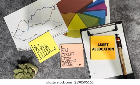 Concept of Asset Allocation write on sticky notes isolated on Wooden Table.