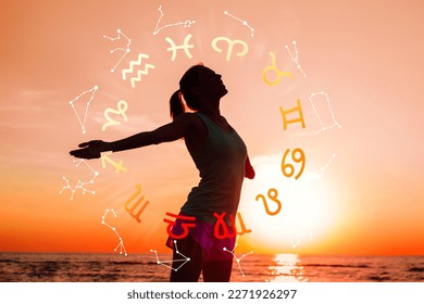 Concept of astrology and horoscope, person inside a zodiac sign wheel
