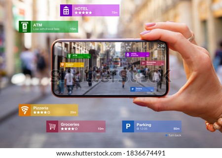 Concept of augmented reality technology being used in mobile phone for navigation and location based services