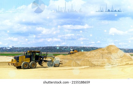 the concept of automatic construction without human intervention with the help of artificial intelligence, data analysis to optimize the process of building a highway - Shutterstock ID 2155188659