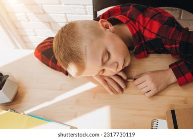 Concept back to the school. A boy in the process of studying sits at a table with books, notebooks and pencils. A pupil fell asleep during class. Top view