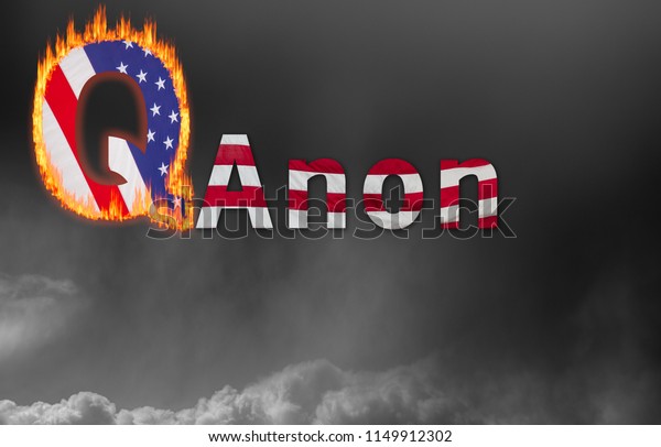 Stock image with QAnon in flames against dark and stormy skies