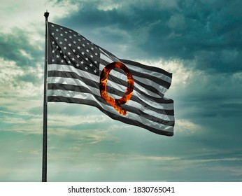 Concept Background QAnon Or Q Anon Deep State Conspiracy Theory Waving Usa Flag Against Dramatic Sky