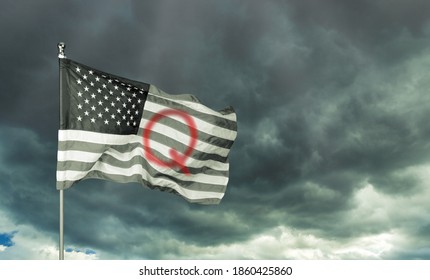 Concept Background QAnon Or Q Anon Deep State Conspiracy Theory Waving Usa Flag Against Dramatic Sky