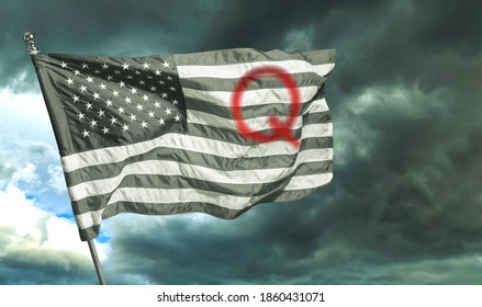 Concept Background QAnon Or Q Anon Deep State Conspiracy Theory Waving Usa Flag Against Dramatic Sky