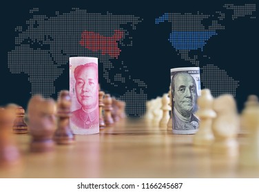 Concept Background Of US China Trade War Banknotes On Chess Board