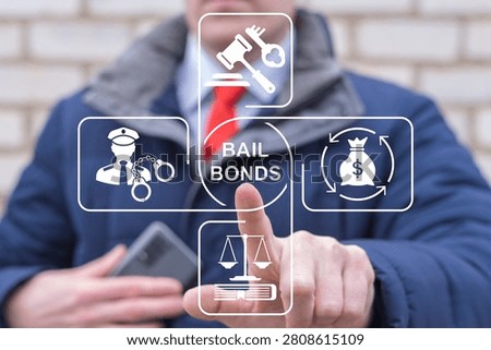 Concept of bail bonds. Bail bond system, bailing out of jail and innocent until proven guilty.