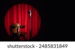 Concept banner standup comedian show. Old microphone and armchair on theater stage on red curtains background.