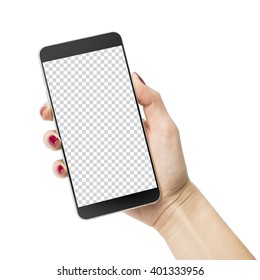 The Concept Of Beautiful Female Hand With Painted Nails Is Holding A Modern Mobile Phone With A Transparent Screen.Iisolated On White With Clipping Path.