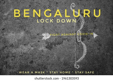 Concept - Bengaluru Fighting Against Covid-19 Or Corona Virus Pandemic And Lockdown, Media Poster, By The Art Of Bow And Arrow Drew On Floor With A Gray Background