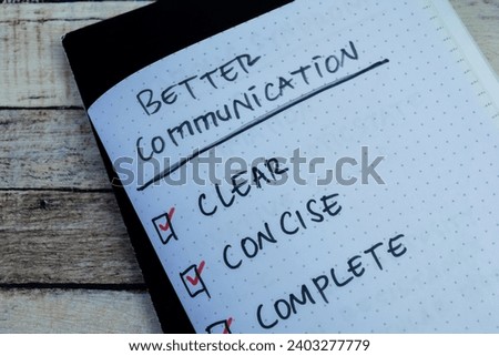 Concept of Better Communications write on book with keywords isolated on Wooden Table.
