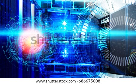 Concept of big data information technology. Servers and cables of modern data center with holograms technological background