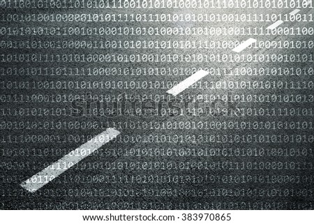 Concept binary code numbers travel information on black and white textured road background.